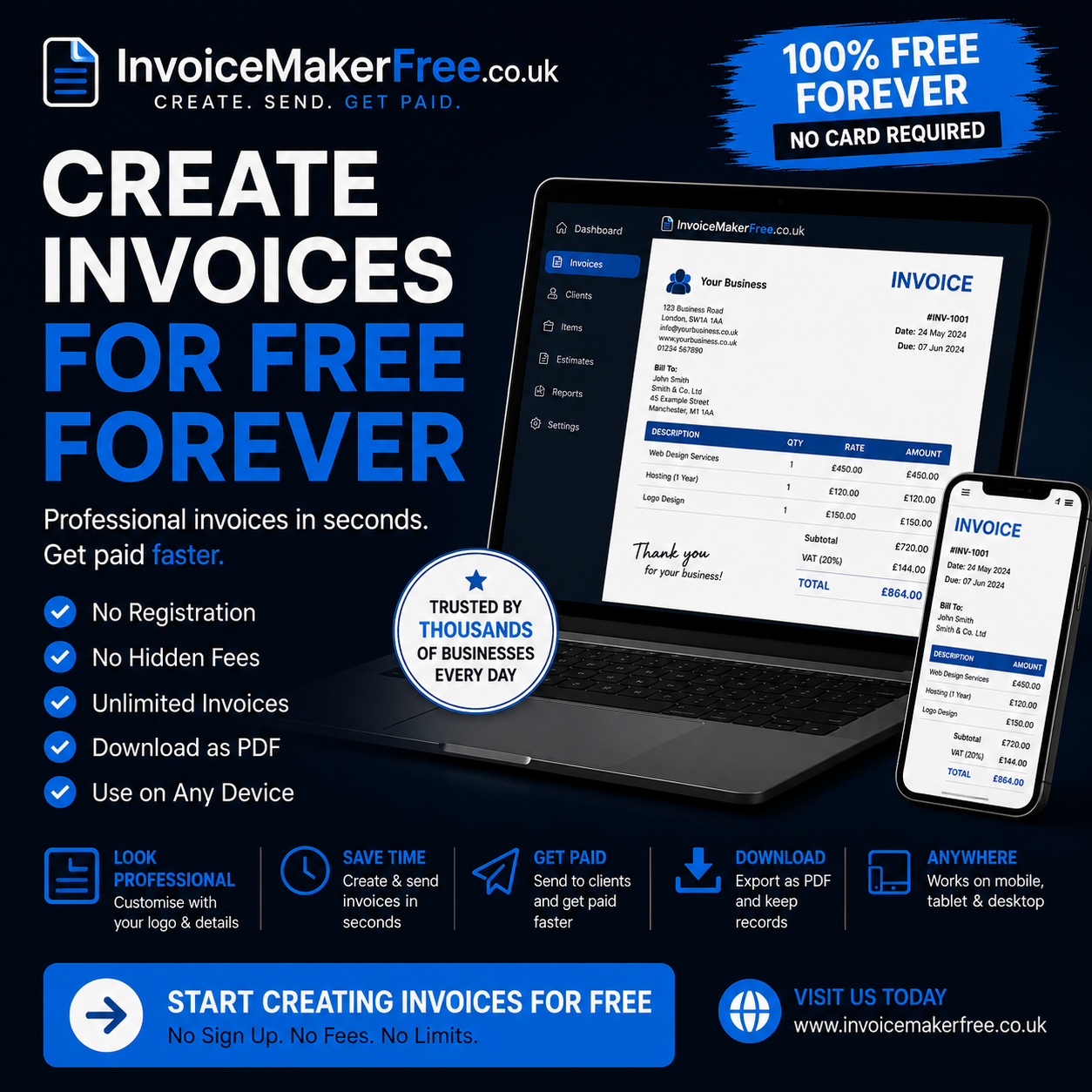 Invoice Maker Free — create professional UK invoices for free forever. No registration, no hidden fees, unlimited invoices, download as PDF, use on any device.